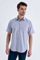 A light blue and white checkered short-sleeved button-up shirt.