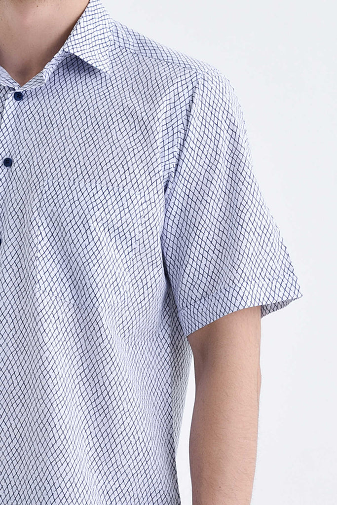 Classic Fit Short Sleeve Printed Cotton Navy Dress Shirt