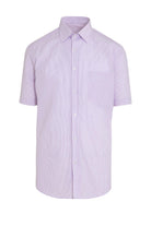 A light purple short-sleeved dress shirt with fine white vertical stripes and a classic collar.