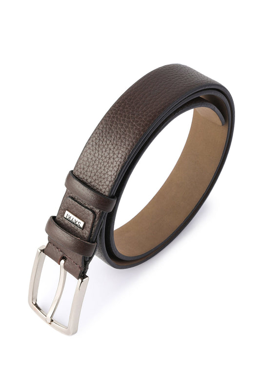 Brown textured leather belt with a silver-toned buckle and a small rectangular brand tag.