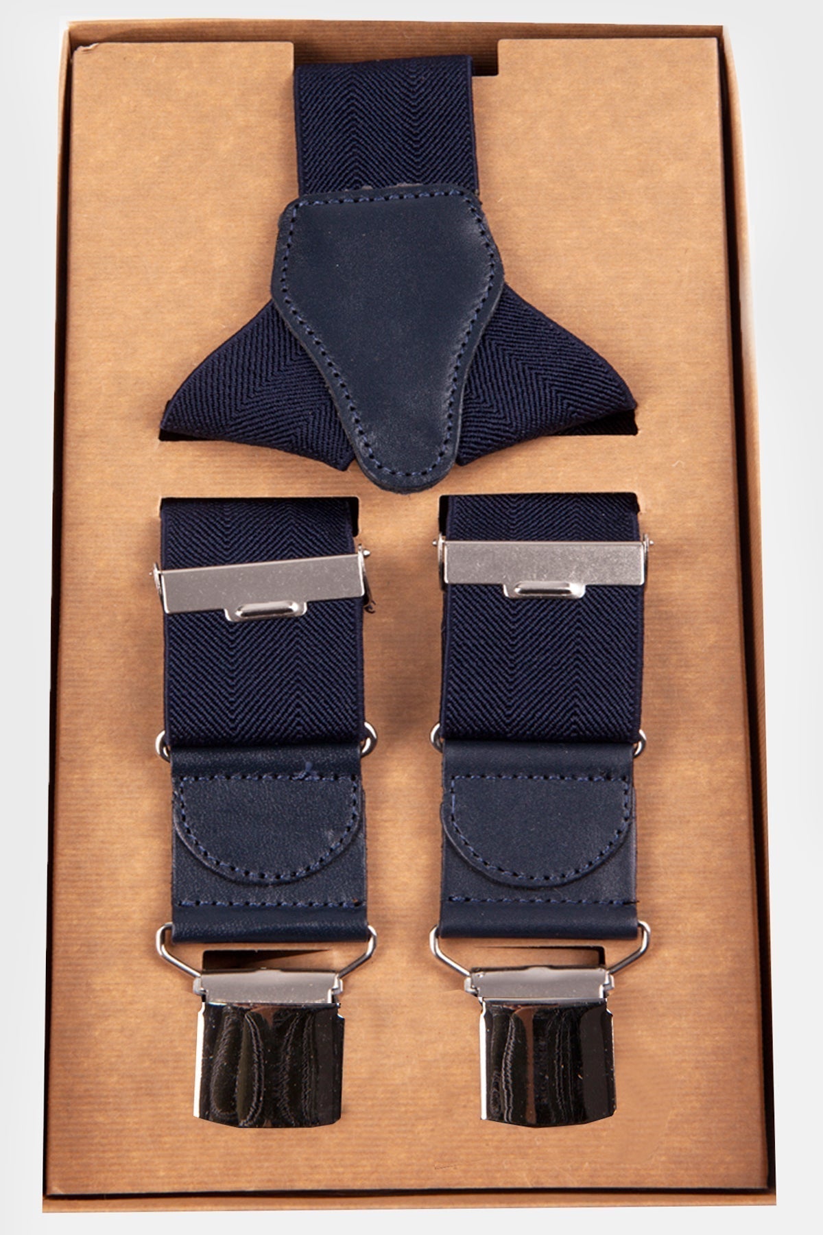Classic Navy Elastic Suspenders with Leather Trim - MIB