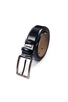 Black leather belt with a silver-toned buckle and a small rectangular brand tag.