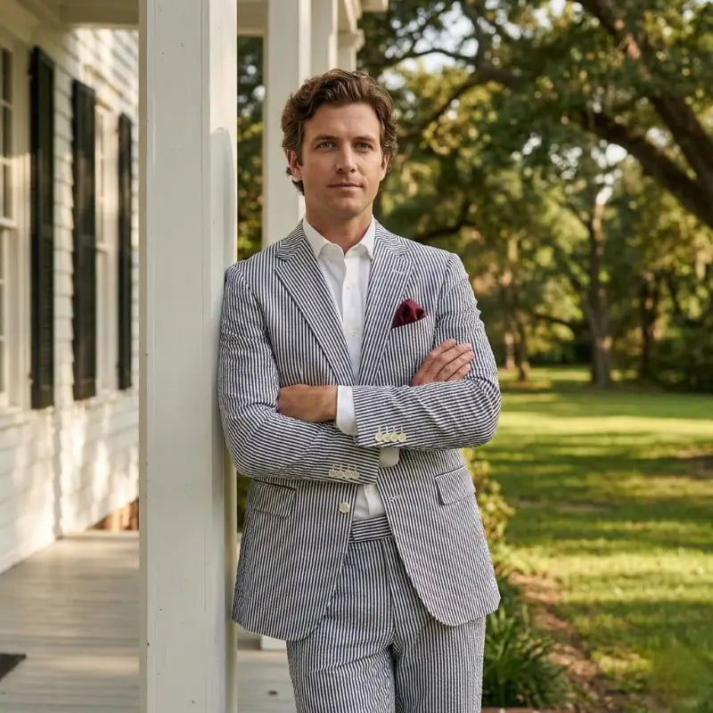 Man wearing a navy and white striped seersucker suit leaning against a white porch column of a Southern-style home
