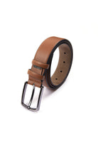 Tan leather belt with a sleek black metal buckle.