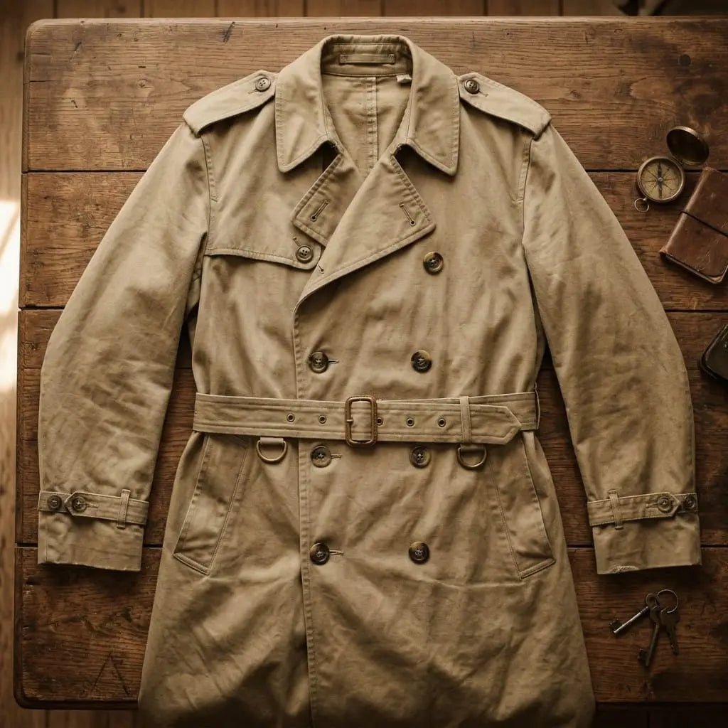 Classic khaki trench coat laid flat on a wooden table showing military-era details including epaulettes, D-ring belt, and storm flap