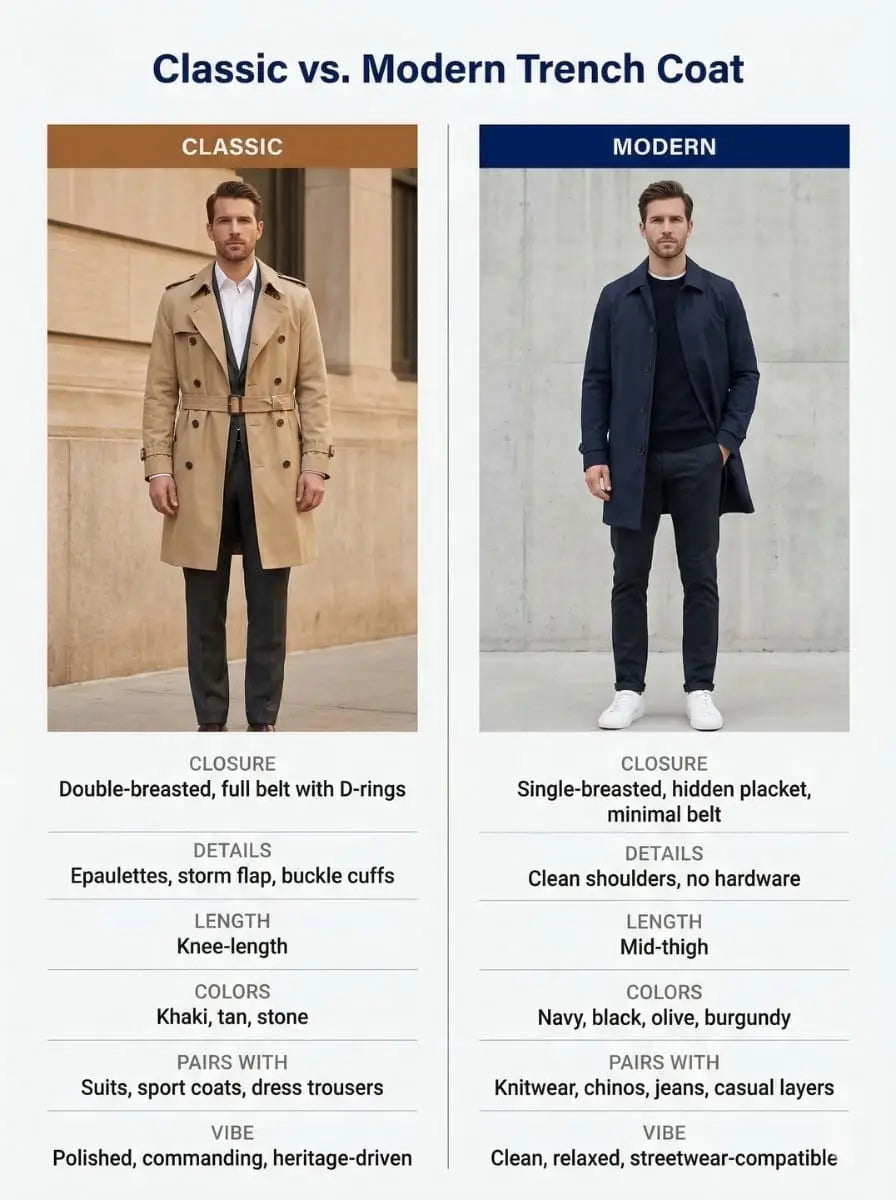 Classic versus modern trench coat comparison infographic showing a traditional double-breasted khaki trench next to a slim-fit navy modern trench with feature details listed below each
