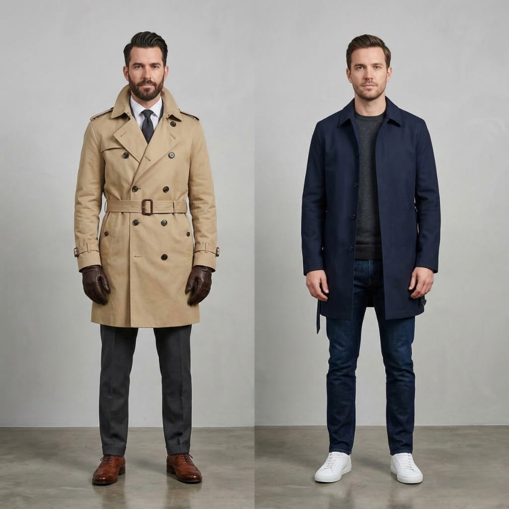 Side-by-side comparison of a classic double-breasted khaki trench coat with epaulettes and a modern slim-fit navy trench coat with minimal details