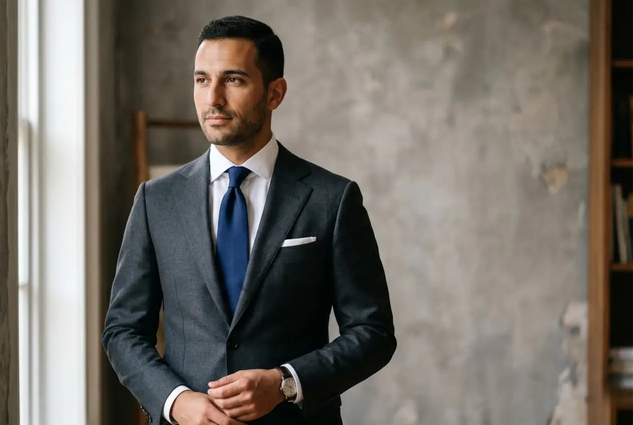 Man wearing a charcoal gray wool suit with a crisp white classic dress shirt, navy silk tie, and white pocket square standing in soft window light