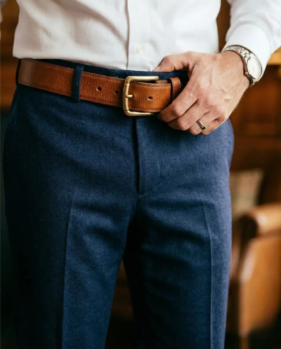 Close-up of a man adjusting a cognac brown leather belt with brass buckle, wearing navy suit trousers and a silver watch, showing belt and shoe color coordination