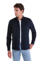 Navy blue long-sleeved button-down shirt