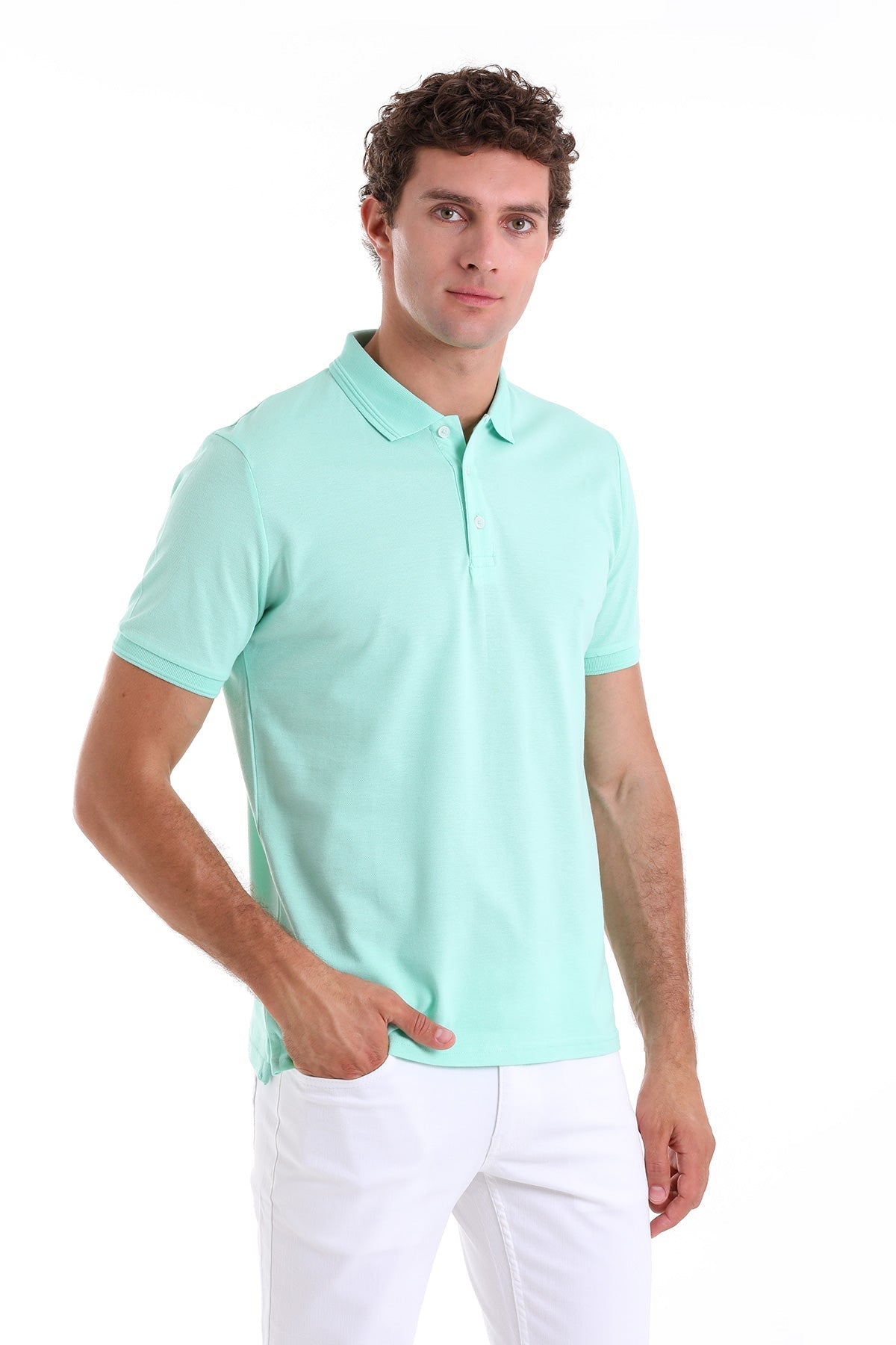 A men’s mint green short-sleeved polo shirt with a classic collar and button placket.