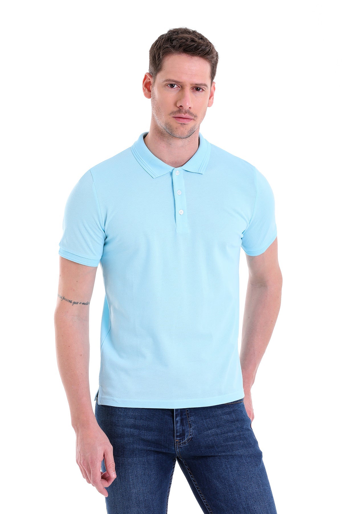 Light blue short-sleeved polo shirt with a classic collar and button placket.