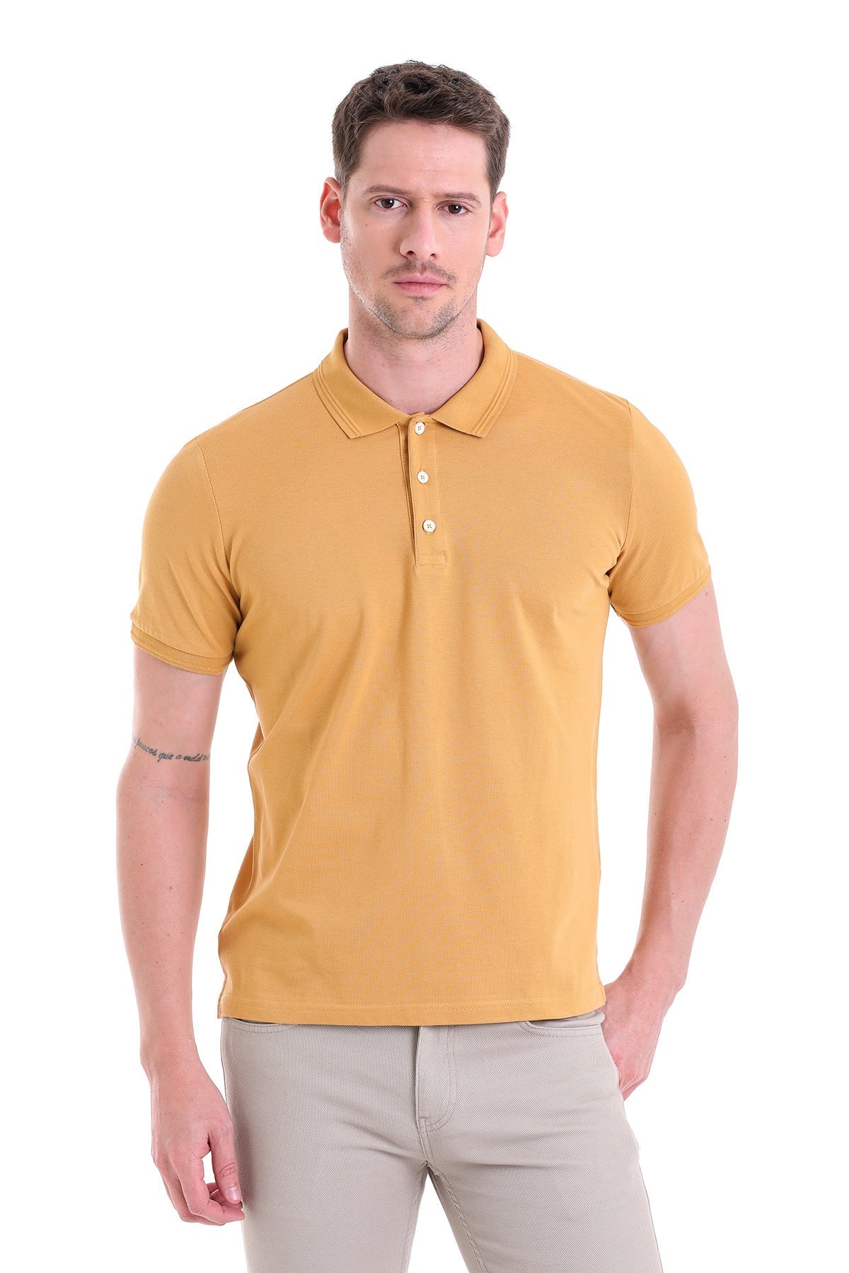 Men’s mustard yellow short-sleeved polo shirt with a classic collar and button placket.