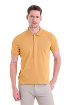 Men’s mustard yellow short-sleeved polo shirt with a classic collar and button placket.