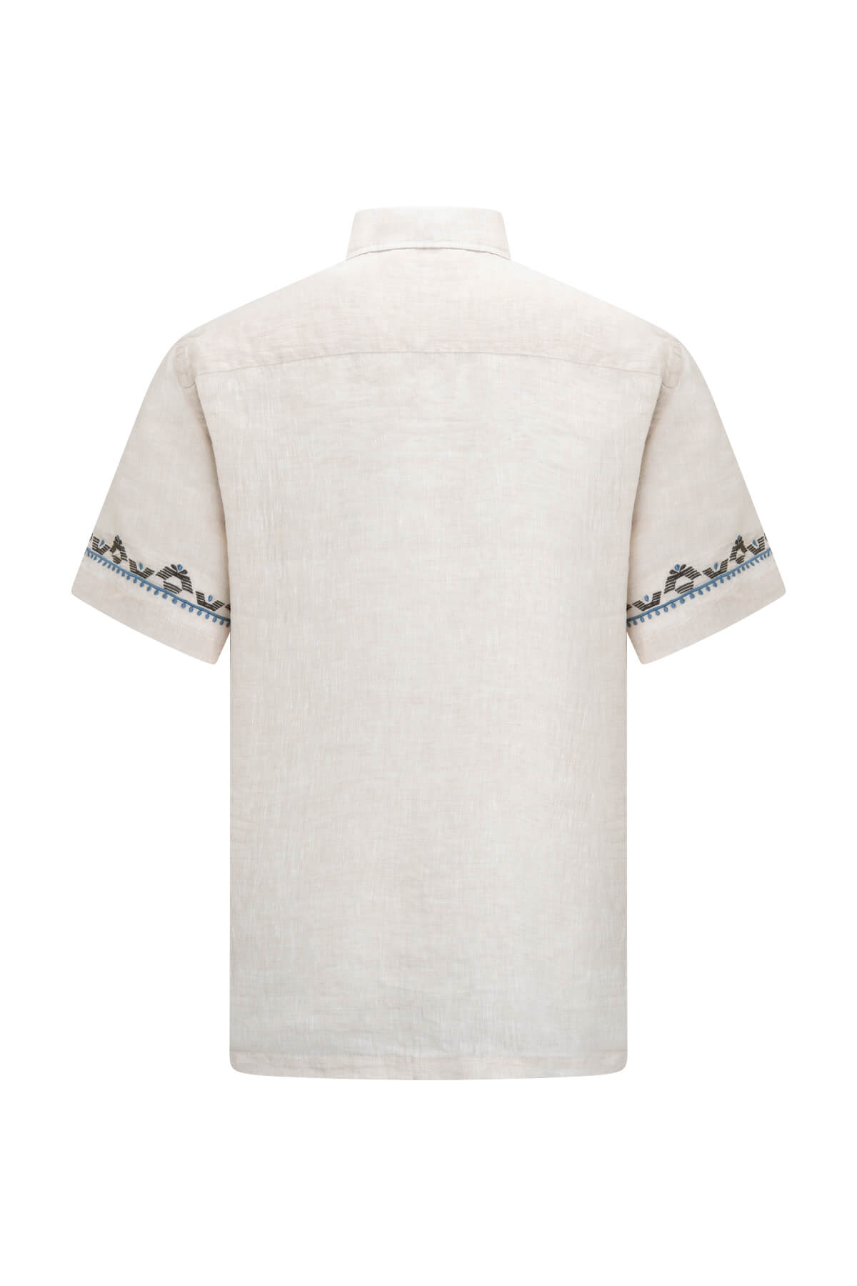 Off-white linen short-sleeved shirt with intricate black and blue embroidered patterns along the cuffs.
