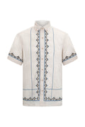 Comfort Fit Beige Embroidered Short Sleeve Linen Casual Shirt