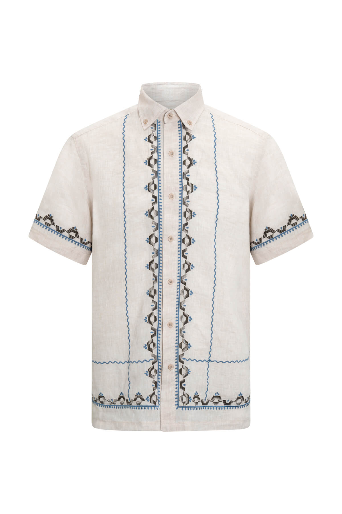 Cream-colored short-sleeved button-up shirt with intricate blue and black embroidered patterns along the front placket, cuffs, and hem.