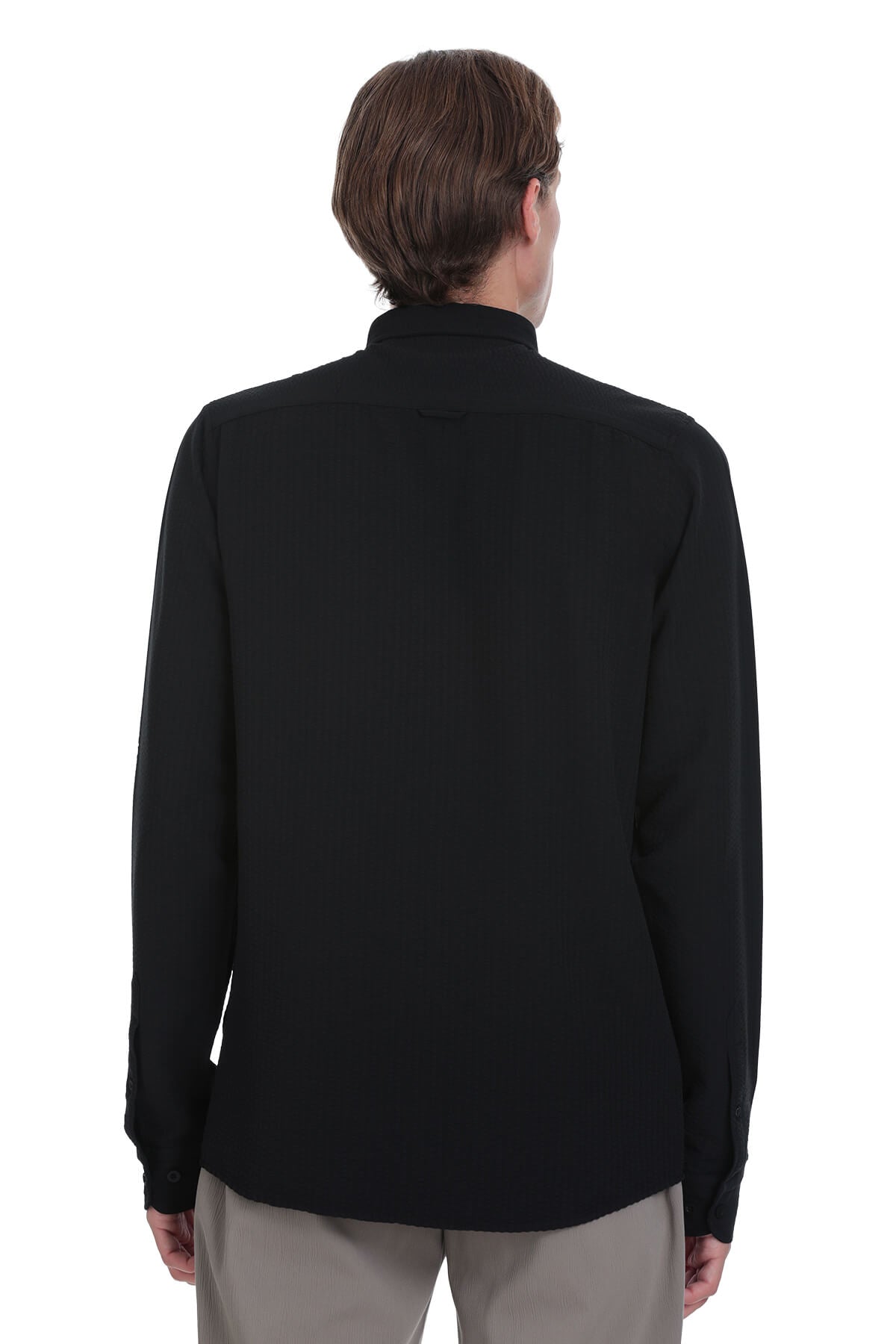 Black long-sleeved shirt with a high collar.
