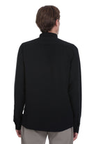 Black long-sleeved shirt with a high collar.