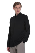 Black button-down shirt with a stand-up collar and long sleeves.