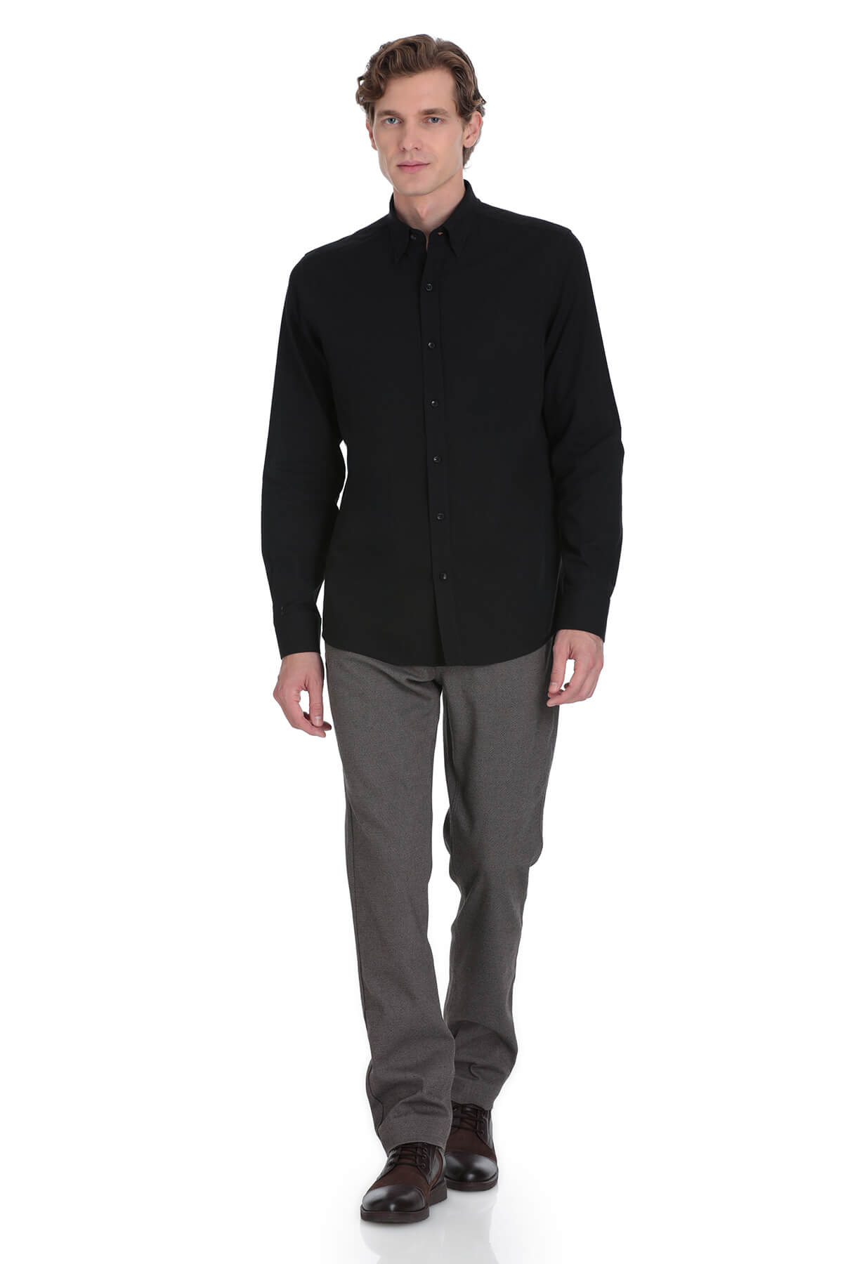Black long-sleeved button-up shirt with a classic collar and tailored fit.