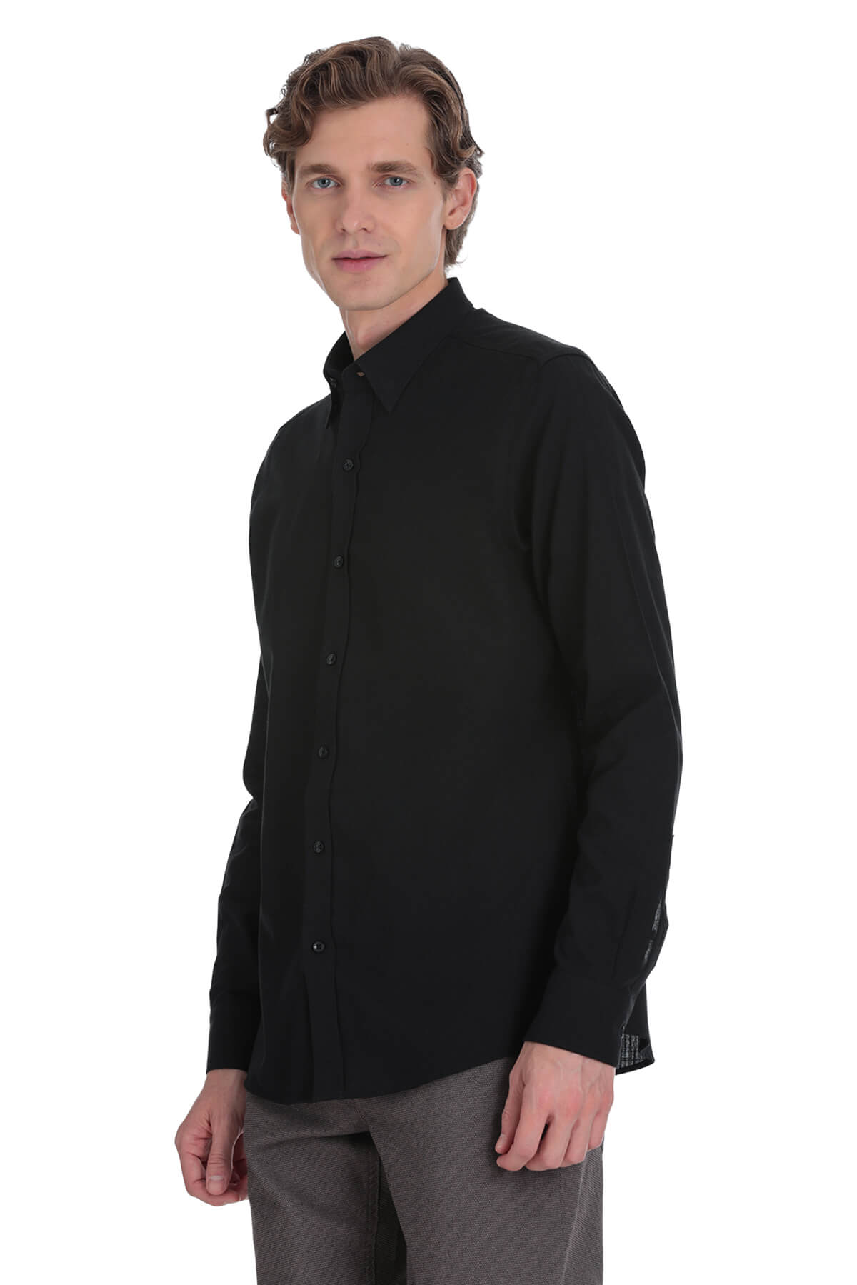 Black long-sleeved button-down shirt with a subtle textured weave and contrasting dark patterned cuffs.