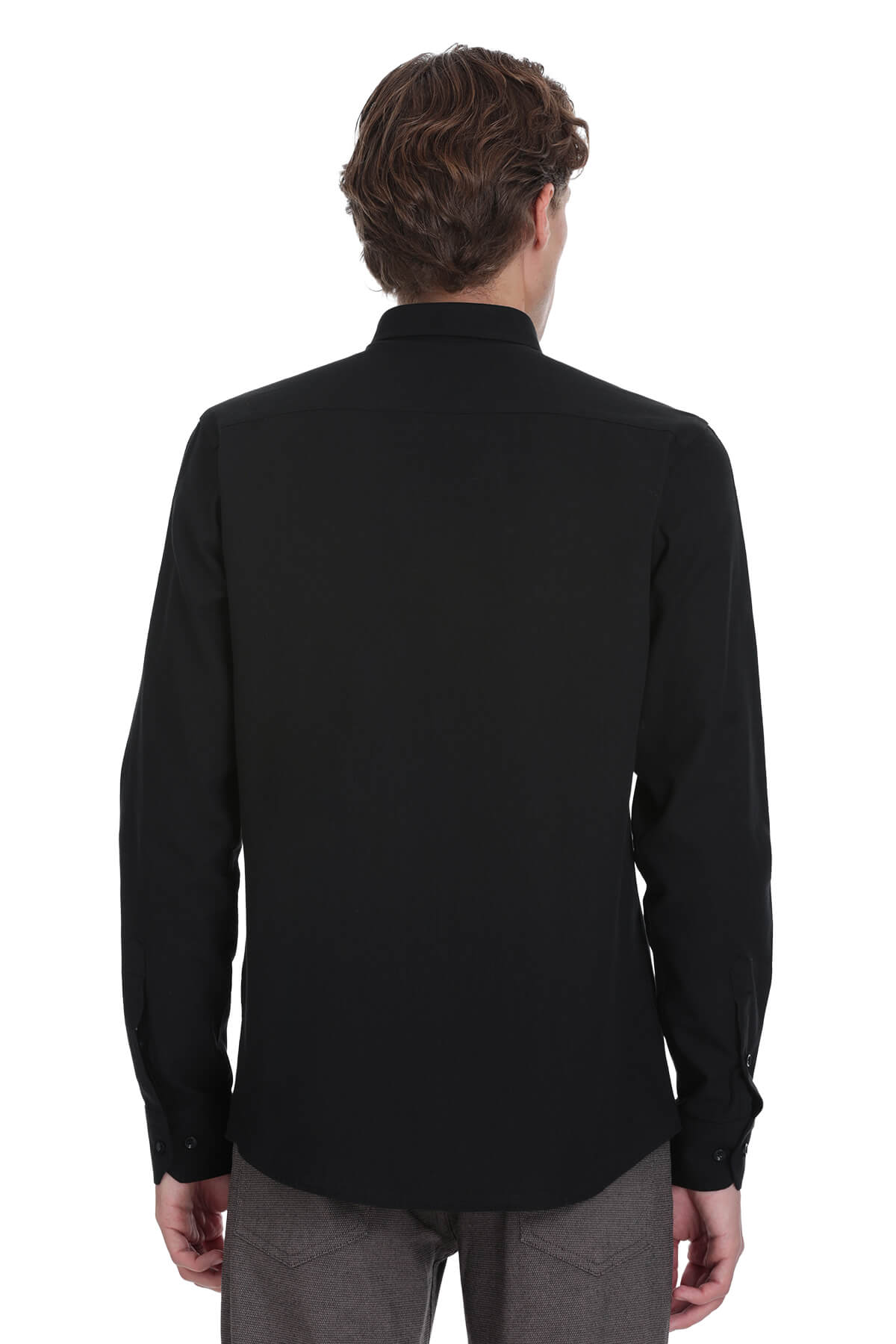Black long-sleeved dress shirt with a stand-up collar and buttoned cuffs.