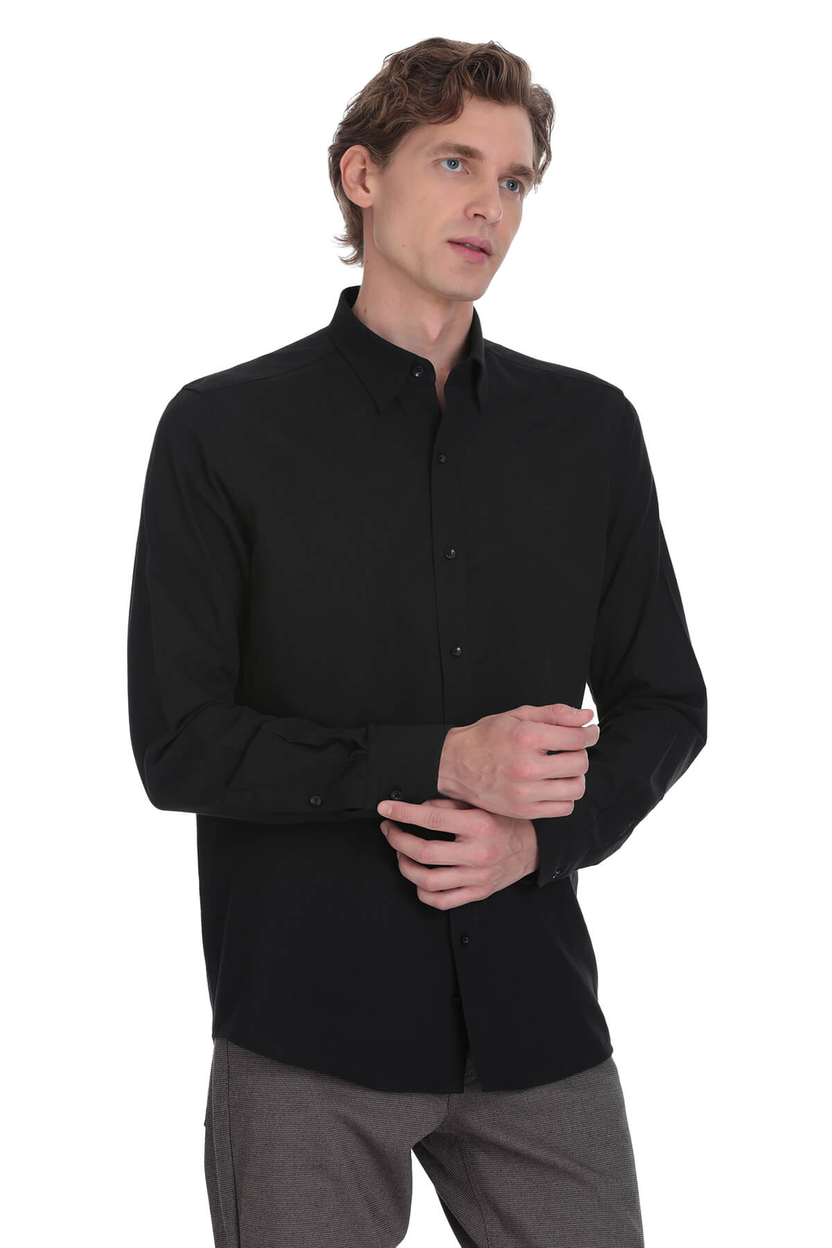 Black long-sleeved button-up shirt with a classic collar and neatly pressed fabric.