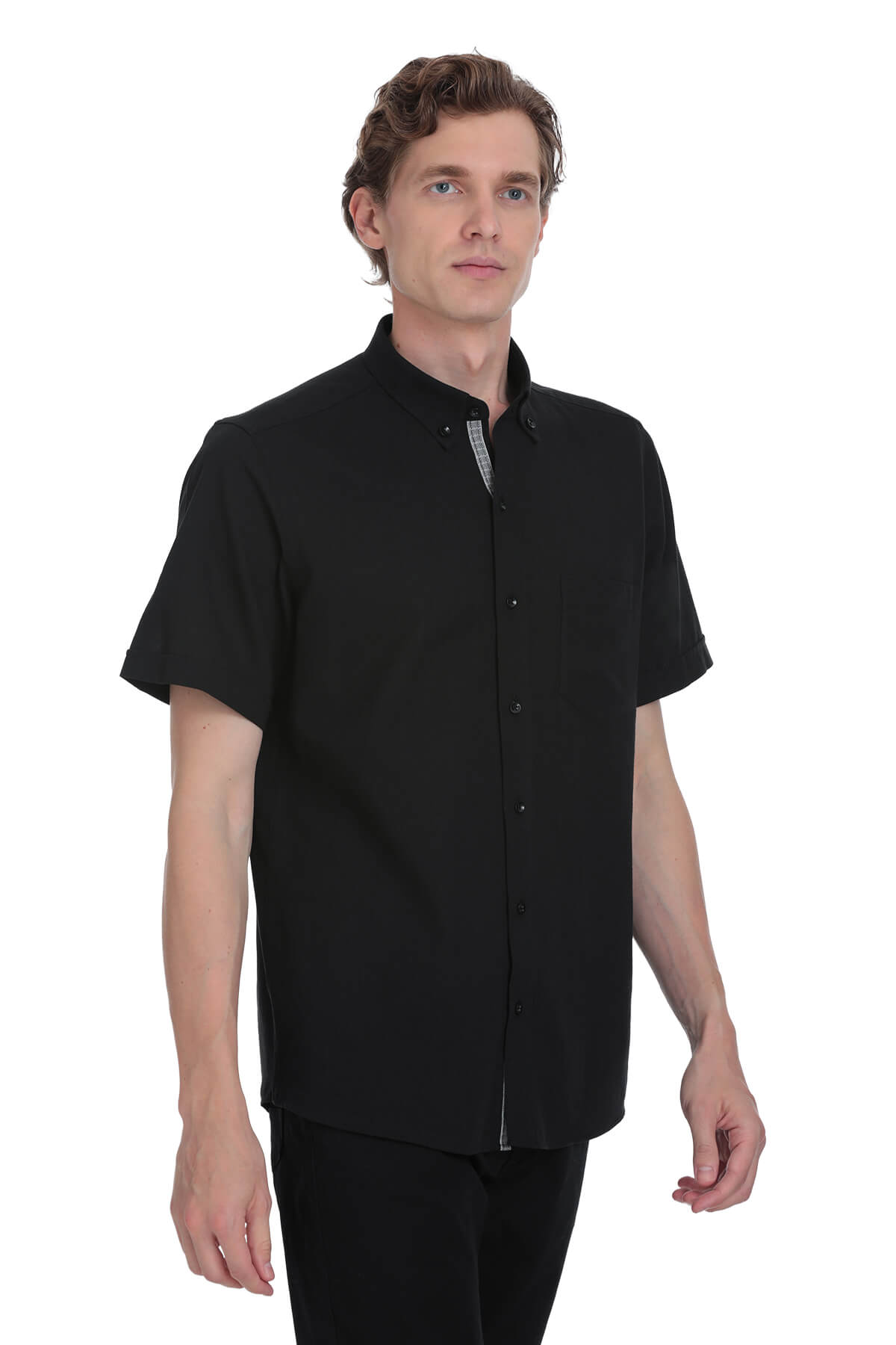 Black short-sleeved button-up shirt with a subtle patterned inner collar lining.