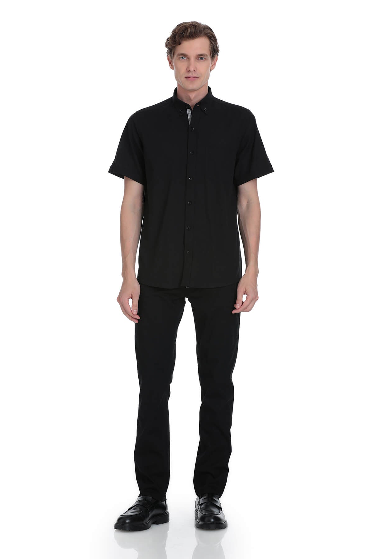 Black short-sleeved button-up shirt with a stand collar.