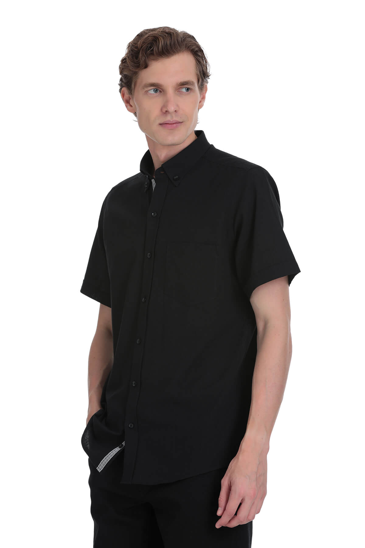 Black short-sleeved button-up shirt with a mandarin collar and subtle gray trim on the side pocket.
