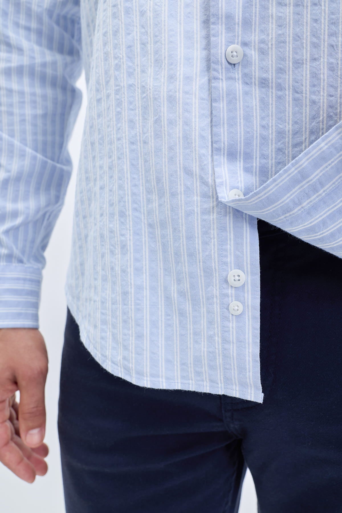 Comfort fit blue striped cotton casual shirt with light blue and white stripes and a subtle textured weave for smart casual wear