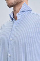 Comfort fit blue striped cotton casual shirt with light blue and white vertical stripes and a crisp collar for smart casual wear