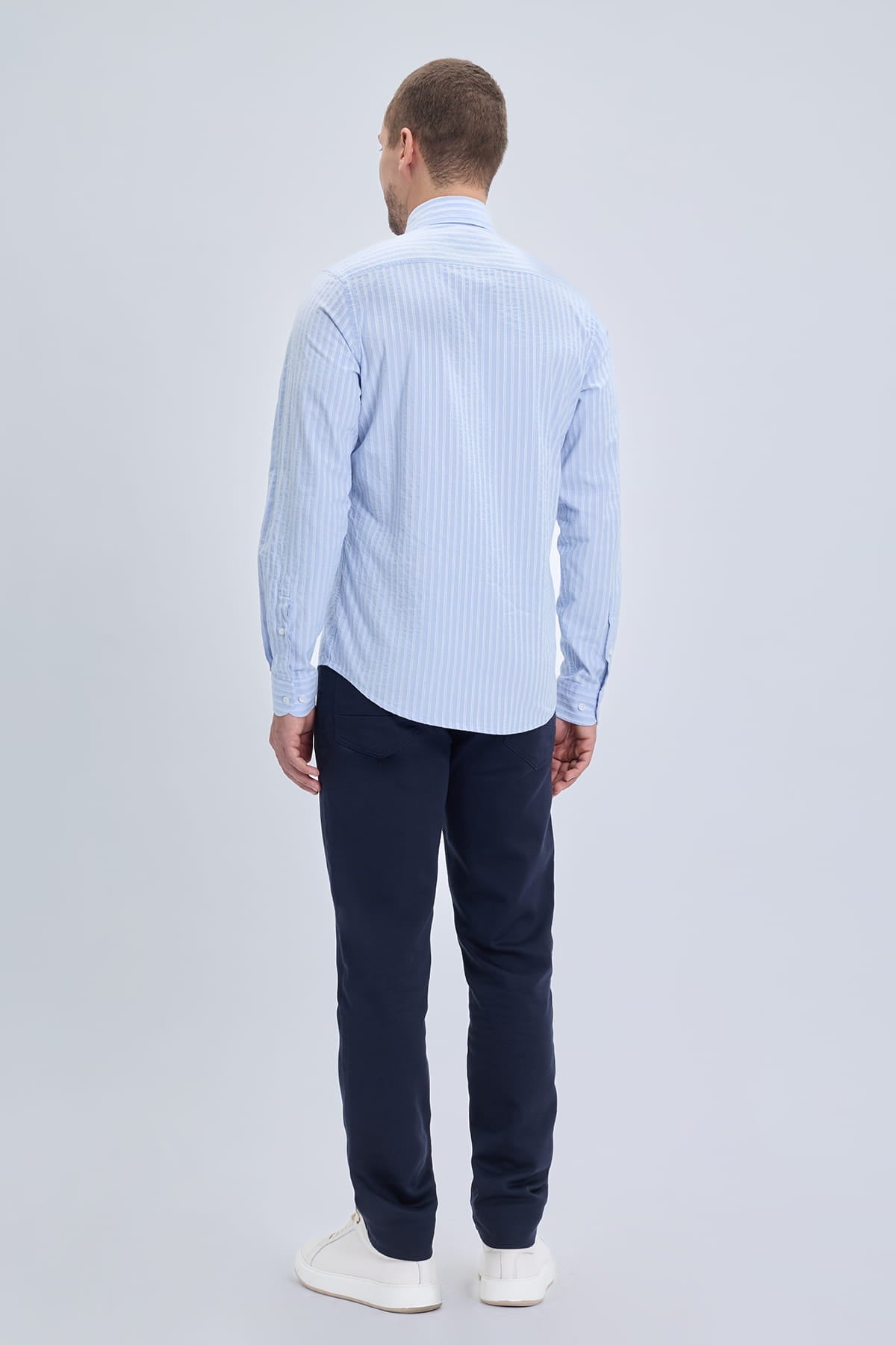 Comfort fit blue striped cotton casual shirt with light blue and white vertical stripes ideal for smart casual wear