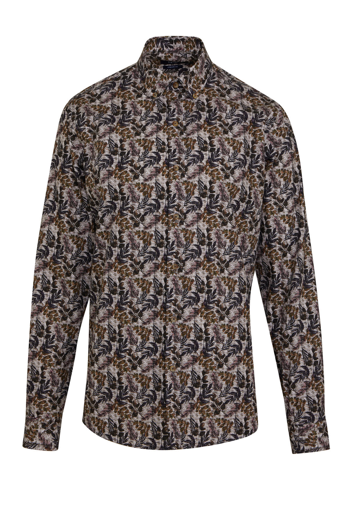 A men’s long-sleeved button-up shirt featuring a repeating pattern of dark green and black leaves on a light beige background.