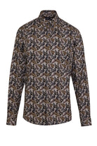 A men’s long-sleeved button-up shirt featuring a repeating pattern of dark green and black leaves on a light beige background.