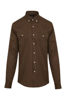 Brown button-down shirt with two chest pockets and white buttons.