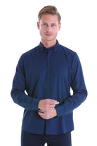 Navy blue long-sleeved button-down shirt