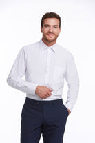 White long-sleeved dress shirt with a classic collar and button-down front.