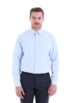Light blue long-sleeved dress shirt with a classic collar and button-down front