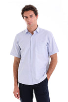 Light blue and white striped short-sleeved button-down shirt.