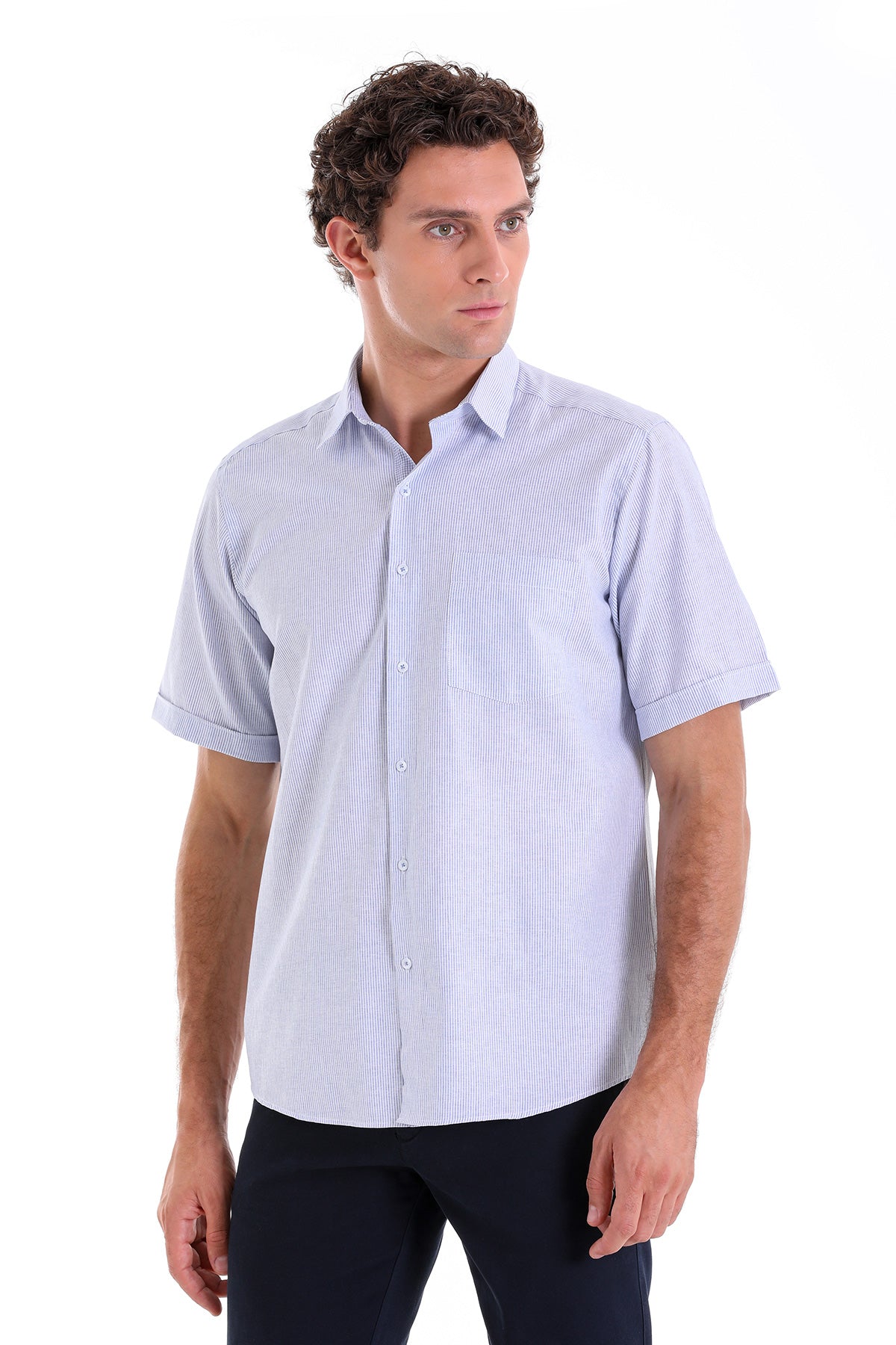 Light blue and white vertically striped short-sleeved button-down shirt.