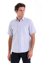 Light blue and white vertically striped short-sleeved button-down shirt.