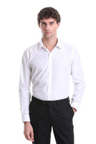 White long-sleeved men’s dress shirt with a classic collar and button-down front.