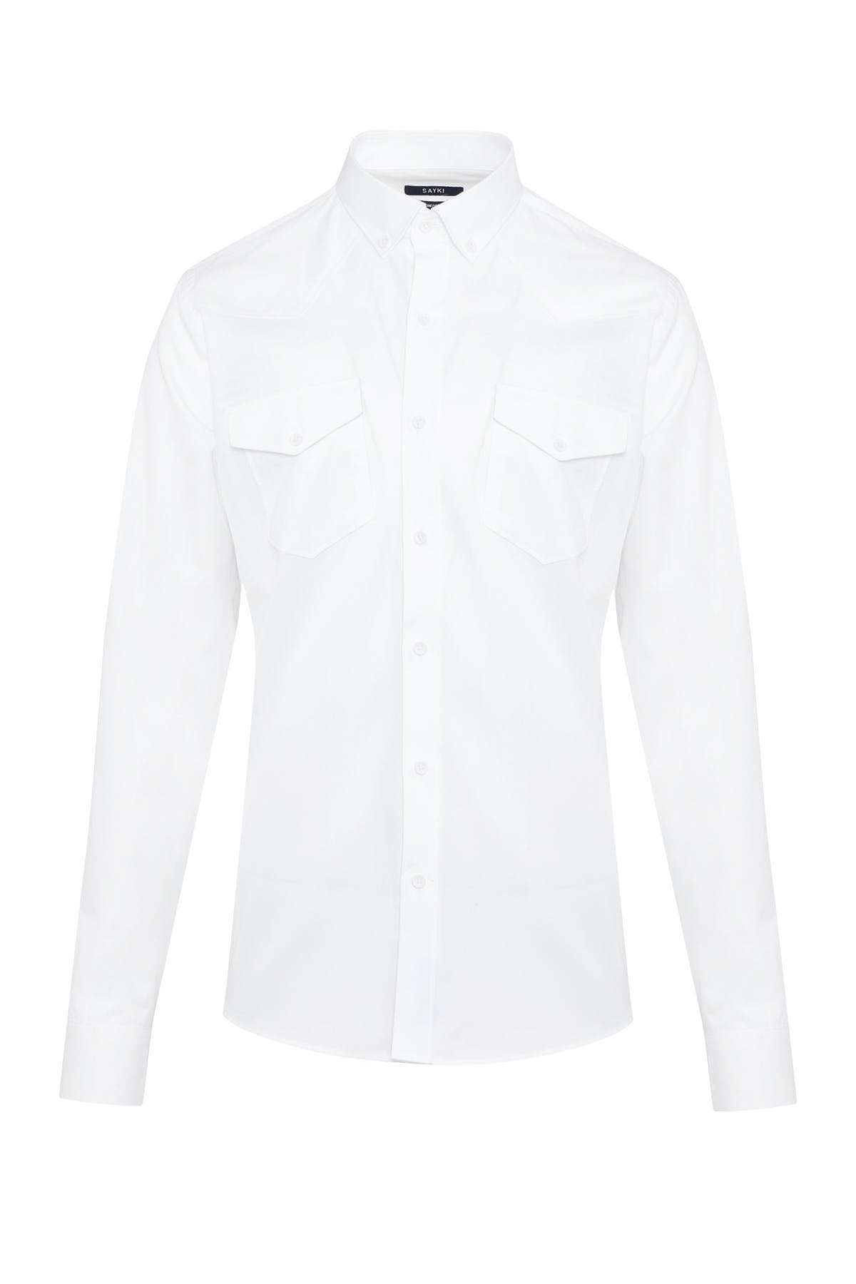 White long-sleeved button-up shirt with two chest pockets and a classic collar.