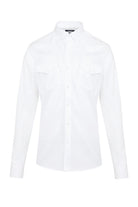 White long-sleeved button-up shirt with two chest pockets and a classic collar.