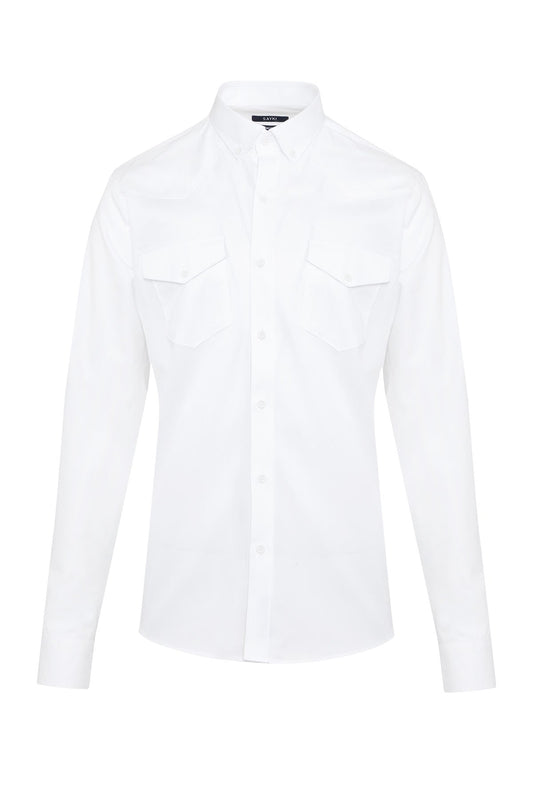 White long-sleeved button-up shirt with two chest pockets and a classic collar.