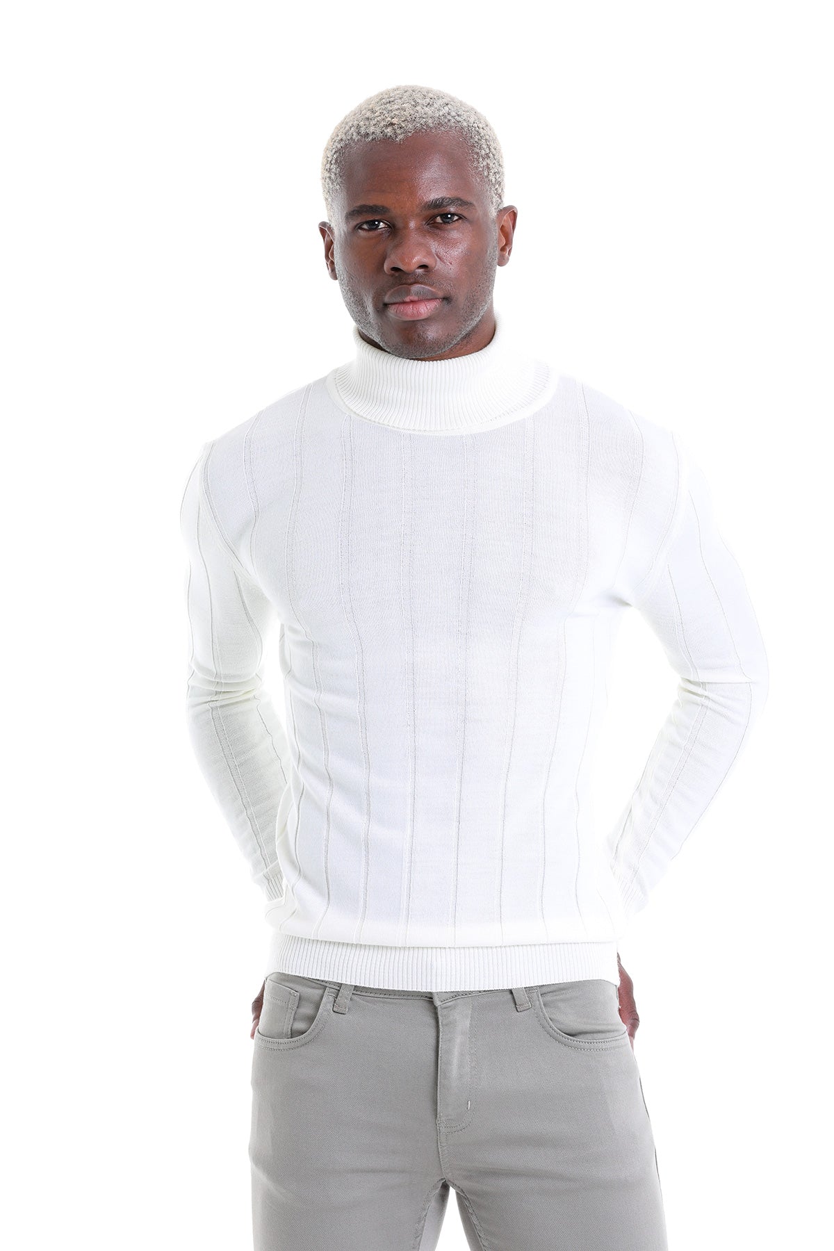 White ribbed turtleneck sweater with a sleek, fitted design.