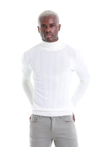 White ribbed turtleneck sweater with a sleek, fitted design.