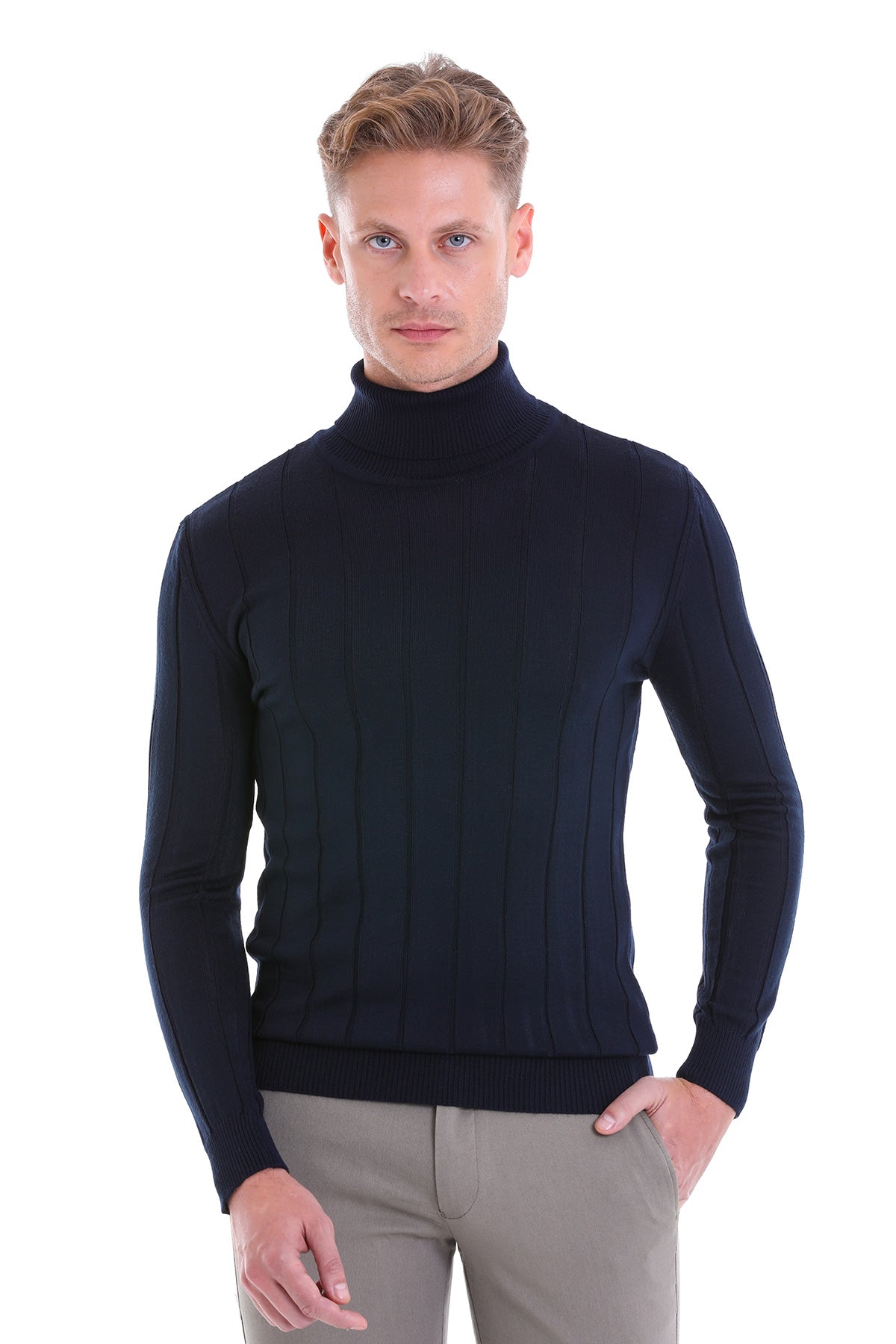 Dark navy turtleneck sweater with ribbed vertical detailing.